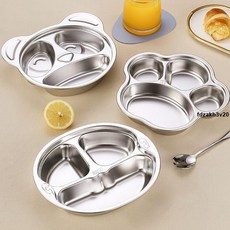 盤子碟 304不銹鋼兒童餐盤 幼兒園寶寶分格卡通快餐飯盤 學生防摔家用餐具, 1個, 卡通餐盤-勺子【2件套】,304方形三格