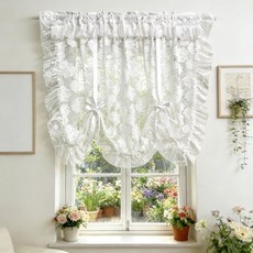 타이 업 플로럴 레이스 쉬어 커튼 자카드 벌룬 커튼 차단 커튼 주방 욕실 빛 차단 농가 스타일 발란스 로만 셰이드 거실 작은 창문 1개 패널