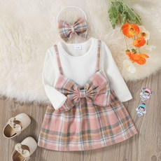 DFMEI 春秋童裝新款女童寶寶格子蝴蝶結兒童假兩件連衣裙