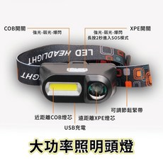 大功率雙光源LED頭燈 - USB充電 IPX4防水 輕量化設計, 1個