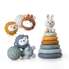 臺灣出貨 嬰幼兒手抓球玩具 軟膠方塊積木疊疊圈 捏捏手感球 堆疊玩具, 白兔疊疊樂手感球套裝（13PCS)盒裝, 1個