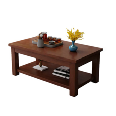 樂悅實木雙層茶几 客廳家用加厚耐用咖啡桌 胡桃色 120x60x50公分, 120*60*50【雙層】胡桃色, 1件