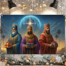 HOMETITUTE Three Kings Day 배너 180.9 x 109.9cm 71 43인치 주현절 성탄 장면 벽 태피스트리 현자 크리스마스 예수 탄생 종교 휴일 야외 실내, Gold, Deep Blue, Purple, Red.
