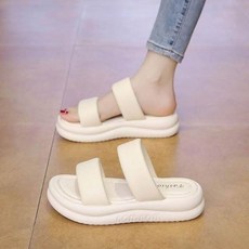 拖鞋 拖鞋女夏季輕量透氣增高厚底拖鞋百搭軟底懶人鞋簡約一字拖防水止滑耐磨涼拖鞋媽媽百搭外出拖鞋舒適室內拖鞋運動涼鞋休閒鞋平底鞋, 37, 米白色