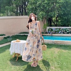 티류으스 여성 봄여름 수묵화 스트랩 원피스 레트로 아트 감성 롱 드레스 독특한 디자인 Lyw