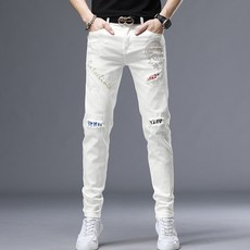 Do Brother 男士牛仔褲 牛仔長褲 白色牛仔褲 修身直筒刮痕立方彈力男士牛仔褲 31~36