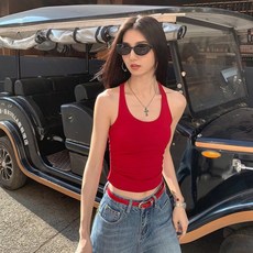 美式辣妹工裝背心紅色帶胸墊吊帶背心女外穿夏季修身無袖背心上衣
