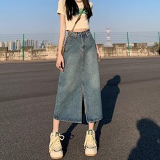 suyun-101 하이웨이스트 A라인 슬릿 데님 미디 스커트 빈티지 워싱 힙커버 데님치마 데일리룩