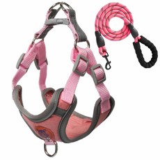 小型犬反光胸背帶 可調節遛狗牽引繩 寵物安全背心式狗鏈 戶外散步防走失 夜間反光多功能狗繩 #粉胸背+3米圓繩 #L建議30-45斤, 1個, 粉胸背+3米圓繩