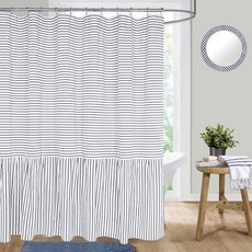 DOSLY Ides 팜하우스 러플 샤워 커튼 리넨 및 블랙 스트라이프 패치워크 천연 욕실 장식 현대적이고 섀비 시크 욕실을 위한 질감 있는 직조 182.9 x 182.9