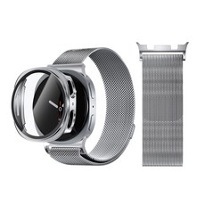 AITEWO 갤럭시워치 호환 스트랩 마그네틱 밀레니즈 메탈 밴드 시계줄 액정보호 강화유리 풀커버 케이스 세트, 1개, 실버