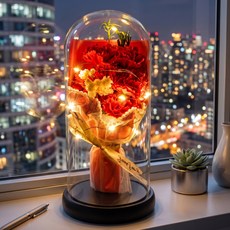 어버이날 카네이션 기념일 선물 프리저브드 LED유리돔 무드등, 레드