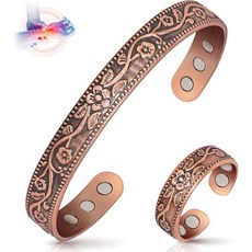 여성용 구리 팔찌 림프 순환 촉진 자석 팔찌 및 엄지 반지 (3500 가우스 내장) 100% 순수 주얼리 선물, Copper-Vintage Flower-2