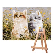 Living Duo DIY簡單名畫油畫繪製組 中型 40*50+中型畫架, A-107花田中的兩隻小貓