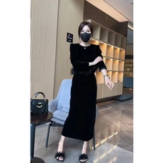 우아한 블랙 벨벳 투피스 세트 여성 가을 ​​햅번 스타일 드레스 자매 패션 하이 웨이스트 탑 앙상블, 01 탑 + 스커트, 03 엘