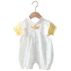 嬰幼兒中國風盤扣連體衣 女寶花邊袖短袖外出爬服