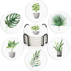 브리튼즈 음료용 컵받침 6개 세트 코르크 베이스 금속 홀더 커피 나무 테이블용 원형 돌 음료 매트 생일 선물 농가 집들이 룸 바 장식, Green Leaves