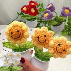 집들이 선물용 뜨개질 수제 미니 화분 꽃 조화 인테리어 장식 소품 장식품 해바라기, 1개, 레드