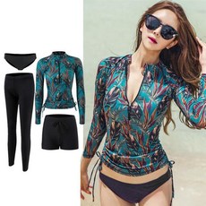 長袖拉鏈衝浪衣 游泳褲多件式運動泳衣 女士 時尚抽绳 防曬透氣速乾 情侶沙灘游泳潛水服