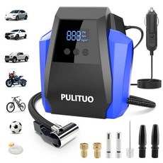 PULITUO 타이어 팽창기 휴대용 공기 압축기 - 자동차 액세서리 12V DC 에어 펌프 디지털 압력 게이지가 있는 자동차 타이어용 휠 자전거 공 모터용 비상 LED, 블루