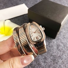 蛇形手鐲輕奢女錶 橢圓形白錶盤滿鑽設計復古石英錶, 玫瑰金, 1個