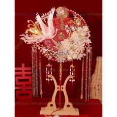 巨匠工廠 DIY手工結婚喜扇材料包 高級感新娘出嫁團扇 新婚禮物閨蜜款, 1個, 紅色-A款鳳凰,材料包+楠竹扇架+高定鑲嵌禮套