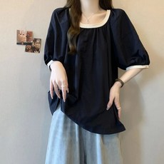 Qurora 泡泡袖上衣 撞色短袖T恤女 韓系襯衫