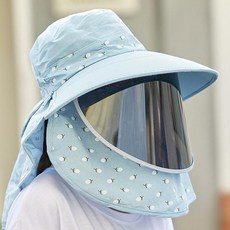 여성용 여름용 넓은챙 자외선차단 햇빛가리개 모자, 성인 56-58cm, 1개, 스카이블루 + 블랙