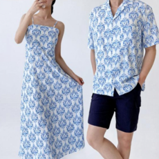 끈 원피스 캐미솔 비치 휴양지 커플 에스닉 룩 여름 오픈카라 프린팅 루즈핏 상의 반팔 남방 해변 웨어