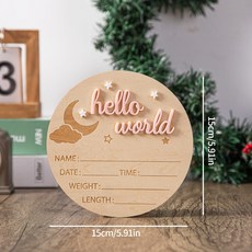 2D 우드 베이비 출생 기념 플라크 'Hello World' 문양 아기 출생 기록 원형 목걸이형 장식품, 1개, Pink