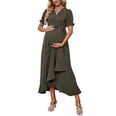 KOJOOIN 여성용 임산부 드레스 브이넥 반소매 러플 롱 아미 그린 M 231765