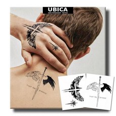 UBICA 반영구 타투 남성용 현실적인 임시 타투 2장 손 등 팔 가슴을 위한 가짜 타투 제품 방수 반사 없음 2주 지속(날개 달린 십자가 & 검 디자인), UBICA 반영구 타투, 남성용 현실적인 임시 타투 2