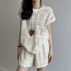ORZQU 여성투피스 여름 반팔 레이스 펀칭 디자인 여름투피스세트