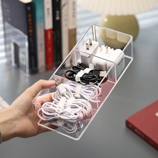 手機數據線收納盒分格透明繞線器桌面充電器電源理線亞克力收納盒, 1個, 配套 紮帶10條