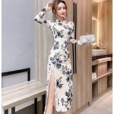 長袖印花旗袍連衣裙, 復古印花中國風改良旗袍, 1個