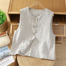 [1+1] [단품] 여성조끼 여름조끼 여성 조끼 여름 민소매 베스트 루즈핏 빅사이즈 오버사이즈 라운드넥 버튼 포켓 린넨 데일리 캐주얼 코튼 아우터 FTG042615 38