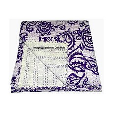 퍼플 2월 인도 코튼 핸드블록 칸타 담요 핸드메이드 퀼트 에스닉 리버서블 이불 스티치 장식(60X90인치), 60X90인치