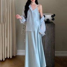 FANSYLI 여성 원피스 세트 4월 5월 결혼식 하객룩 심플 루즈핏 블라우스+롱 나시 원피스 투피스 엄마룩 고급 새틴 원피스 XR2601J26