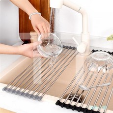 不鏽鋼水槽瀝水架 捲起式碗碟乾燥架，水槽上方可摺疊，廚房置物收納好幫手，不鏽鋼材質耐用易清潔, 1個, 9管,黑色