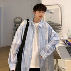 優選大碼長袖襯衫男夏季防曬衣，港風寬鬆防紫外線紮染襯衫外套