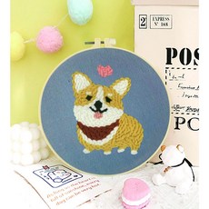 DIY 材料包 刺繡材料包 手工藝 擺飾 毛線材料包 編織 diy 材料包 搓搓繡 戳戳繡材料包 毛線刺繡 手工藝diy, 戳戳繡-開心柯基+16cm仿竹綳, 1個