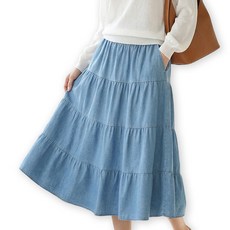 메리앤유 4단 티어드 캉캉 청 데님 밴딩 플레어 스커트 여성 A라인 롱 치마