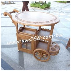 手工刻花柚木原木餐車，移動式餐飲置物架，精緻雕刻工藝，天然實木材質, 1個