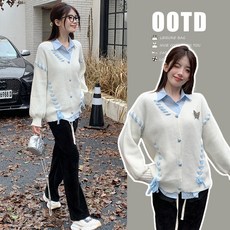 임부복 가을 겨울 나른한 디자인 감각 나비넥타이 하트 단추 여성 카디건 스웨터