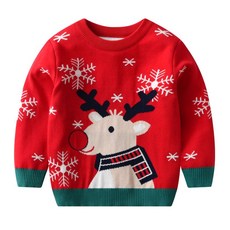 孩童麋鹿圖案圓領長袖針織衫 B125