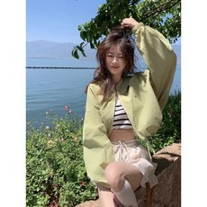 落肩短版防曬外套 夏季寬鬆風衣 雙開拉鍊設計