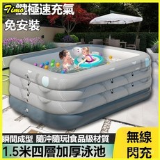 充氣式遊泳池 兒童戲水池 家庭遊泳池 充氣浴缸 玩水 泡澡 充氣浴桶 充氣球池 充氣遊泳池折疊大型兒童家, 1個, 入門套餐,1.5米三層元素灰【腳泵款】