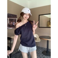 Yellwel 여성 루즈핏 크롭 반팔 티셔츠 슬림핏 슬레시 숄더 상의 DJP