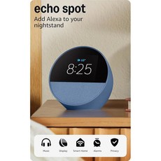 Amazon Echo Spot 최신 모델 침대 옆 탁자 사무실 주방에 Alexa Early Access가 탑재된 스마트 알람 시계 Ocean Blue 225897, Device only