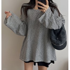 마이쏭 여성 빅사이즈 봄신상 여름긴팔 루즈핏 래퍼단가라박스긴팔티